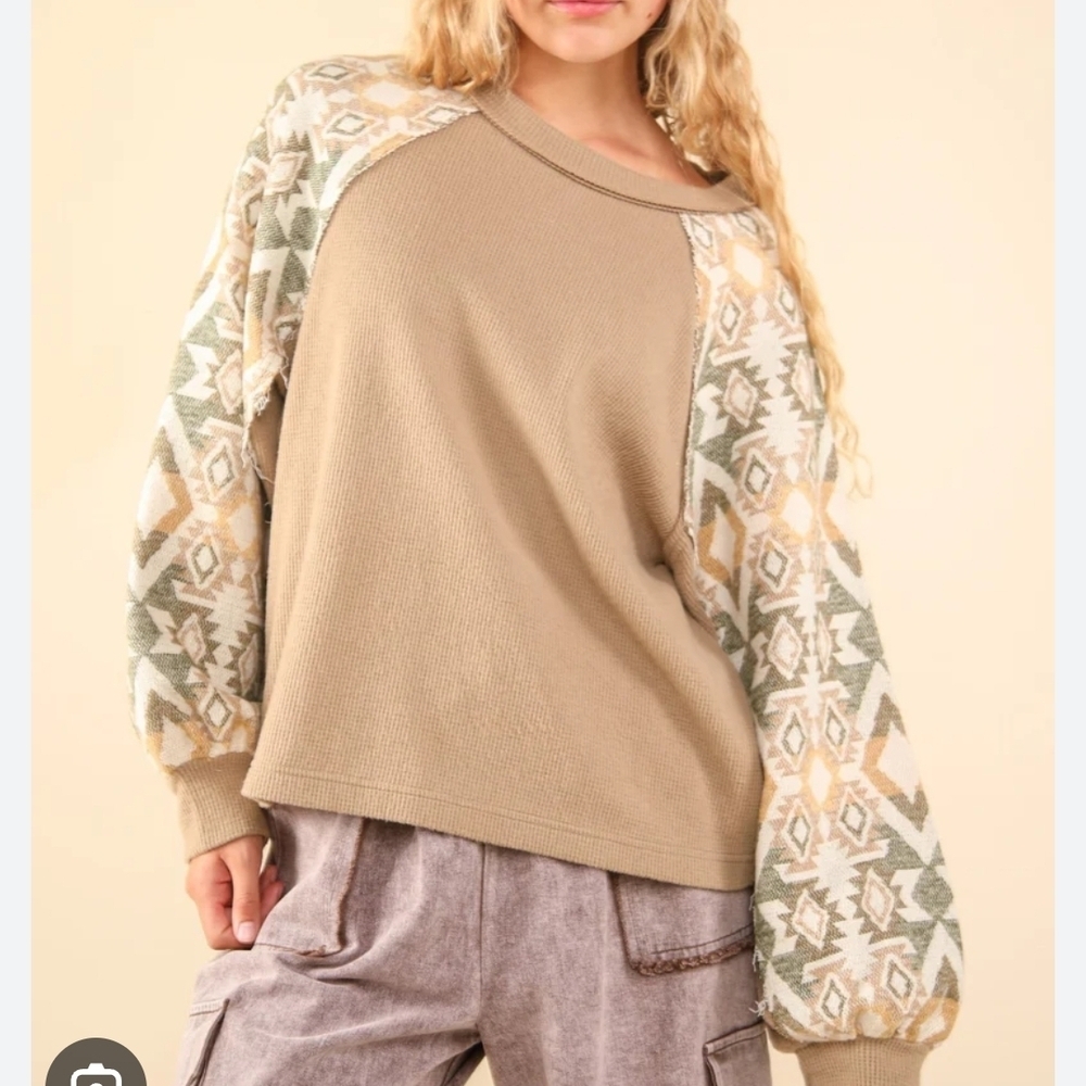 Very J Oversized Knit Top with Aztec Print Sleeves in Olive 3X Casual